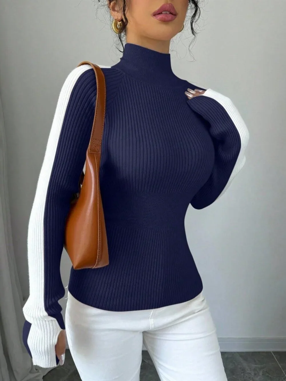 Blue Casual Women's Color Block Stand Collar Knit Sweater